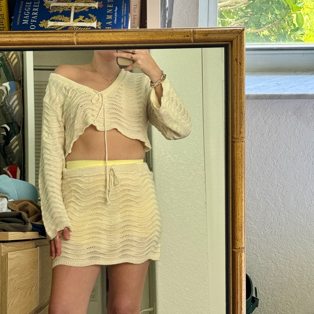 Cream Knit Two-Piece Crop Top & Mini Skirt Set- Size 6- Boho Summer Resortwear